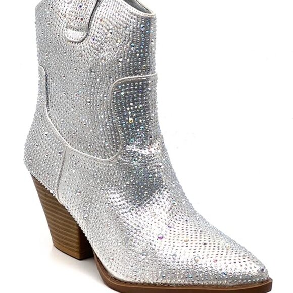 Women's Rhinestone Block Heel Mid Calf Short Boots - Picture 8 of 9